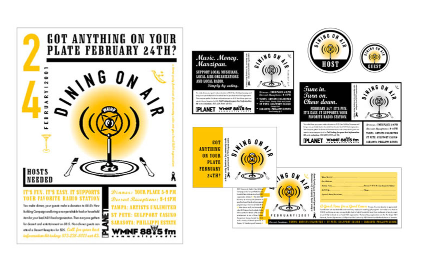 Logo, poster, small space newspaper ads,invitation for a fundraiser event, guest and host buttons | WMNF Community Radio