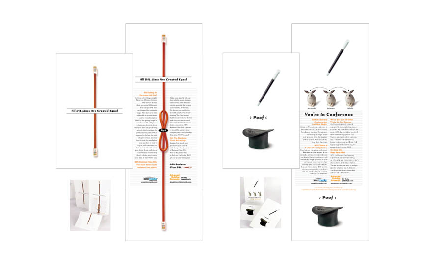 Direct mailers, printed one side; they pull up to reveal copy | ABN, a division of Intermedia