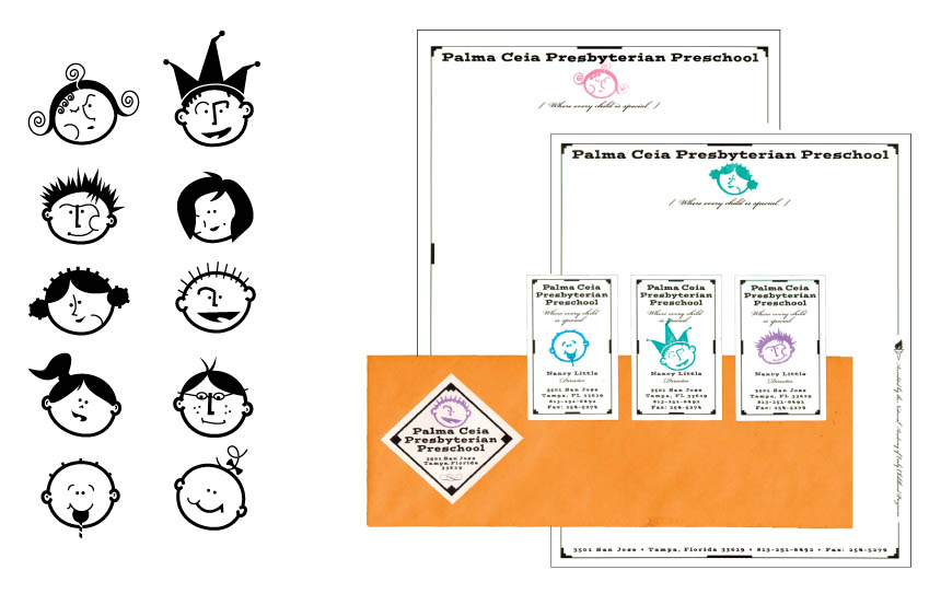 Series of 10 kids faces used as rubber stamps. School integrates normal and special needs children | Palma Ceia Presbyterian Preschool 