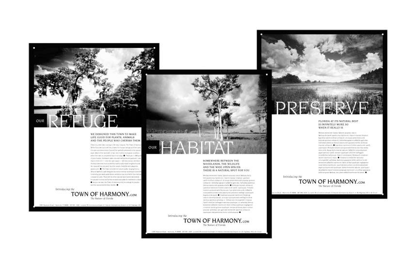 Dominant page newspaper ads introducing a master-planned community in Central Florida in tune with the environment | Town of Harmony