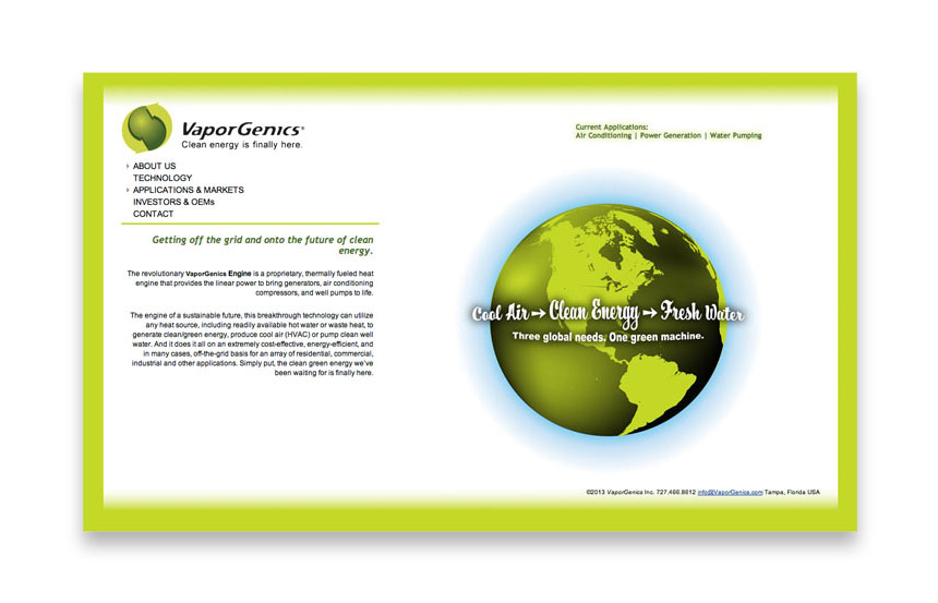 Proprietary, thermally fueled heat engine, a clean, green energy solution | vaporgenics.com